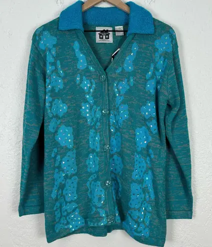 Storybook Knits Blue Sequin Button Front Collared Cardigan Sweater NWT Small