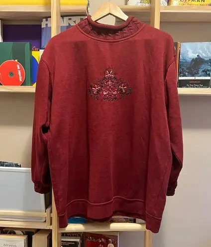Burgundy Sweater with Knitted Neck and Cuffs and Embroidery Size 1X
