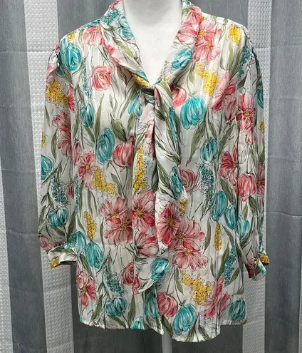 Vintage Floral tie front sheer blouses size 14 White