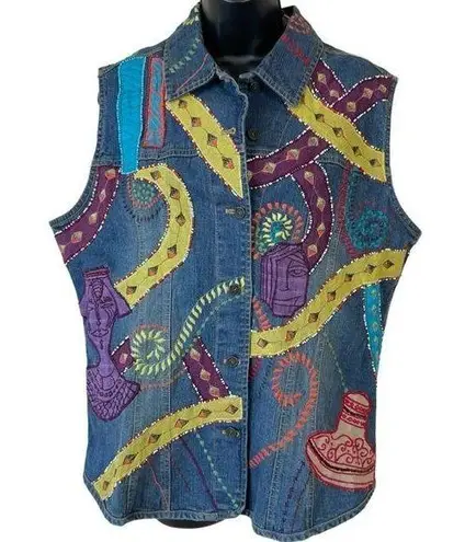 Chico's Vintage  Denim Embroidered Beaded Sequin Colorful Abstract Vest