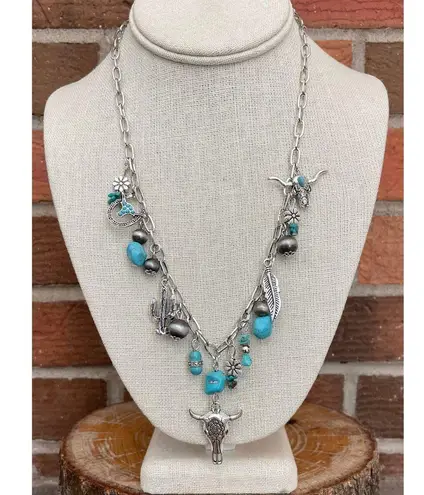 Steer Skull and Turquoise Charm Necklace Silver