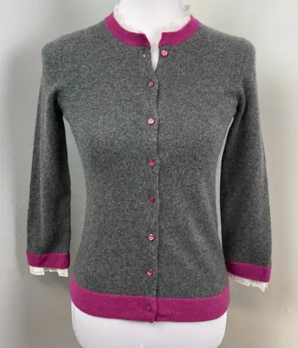 Sutton Grey & Magenta Fitted 100% Cashmere Cardigan Small EUC Gray