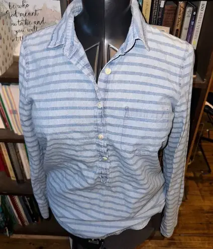 J Crew denim striped 1/4 button elevated basics 6 top Pink