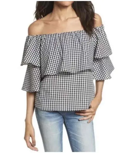 WAYF Gingham Pattern Ruffle Sleeves Off the shoulder Blouse Small preppy