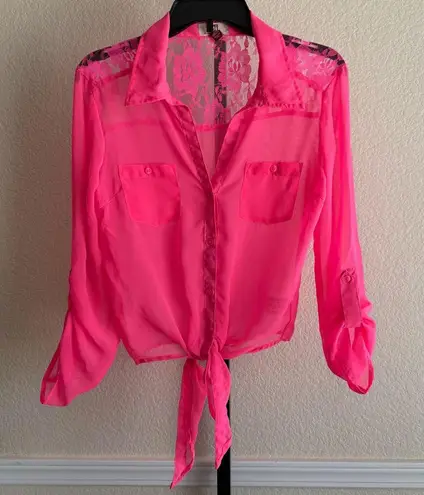 Women’s Juniors XL Hot Pink Sheer Blouse Long Sleeve Lace Back Tie Front Top Size undefined