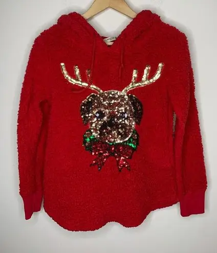 Chance or Fate Women Size S Sweatshirt Fleece Pug Reindeer Red Christmas Sequin