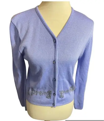 New Moves Vintage Violet Blue Floral Beaded Button Front Cardigan Size Large - Image 1