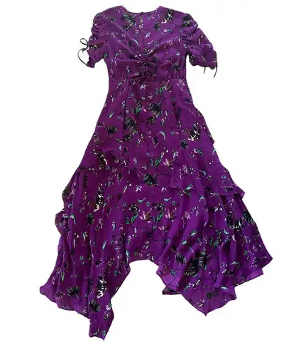 Tanya Taylor  Tiered Silk Handkerchief Dress Purple Floral