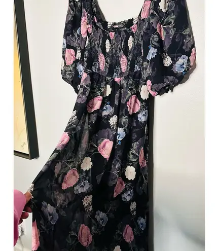 Nicholas Black Purple Floral 100% Silk Square Neckline A