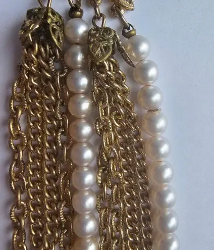 Vintage Champagne Pearl Gold tone metal Chainlink Multistrand Necklace