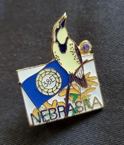 VTG Lions Club Lapel Hat Enamel Pin Badge Brooch Nebraska 38E Bird Flag Flower