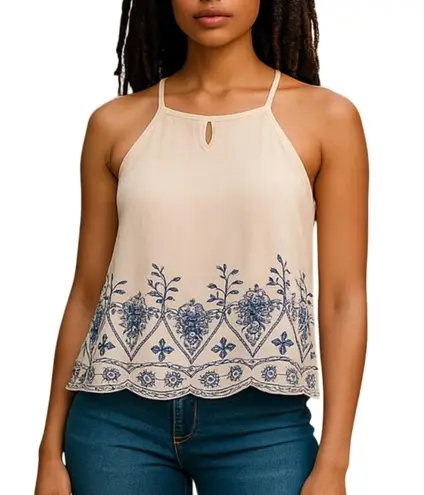 Chloe & Katie Crinkle Embroidered Halter Tank | Size XS | White