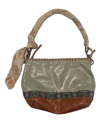 The Sak Brown & Green Shoulder Bag beaded details & scarf wrapped handle EUC