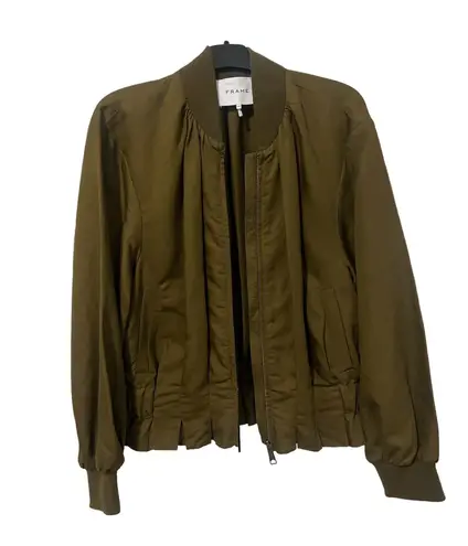 Frame Cinched Zip Up Linen/Cotton Blend Jacket - Deep Army Green (Size L)