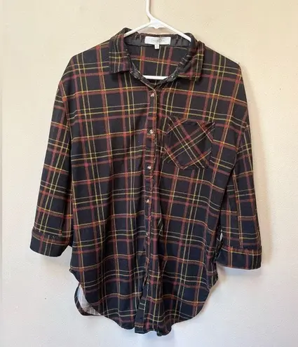 Eden & Olivia Women’s Black Brown Yellow Plaid Button Down 3/4 Sleeve Flannel M