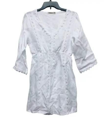 Valentina Naldi 100% Linen White BOHO Embroidered Lace Med Dress Lagenlook Italy