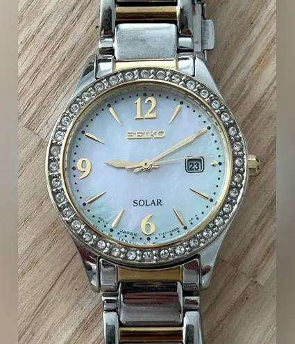 Seiko Solar Swarovski Crystals Ladies Watch Pearl Dial Two-Tone Bracelet Date
