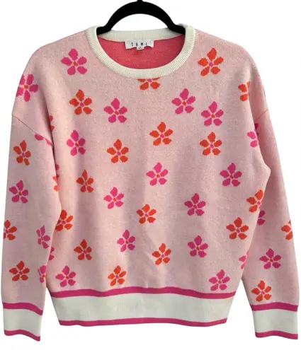 THML Women’s White Orange Pink Retro Flower Jacquard Crew Neck Sweater Small