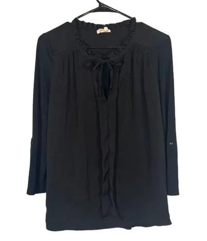 Meadow Rue Black Long Sleeve Layered Ruffled Front Tie Neck Blouse Women Sz S