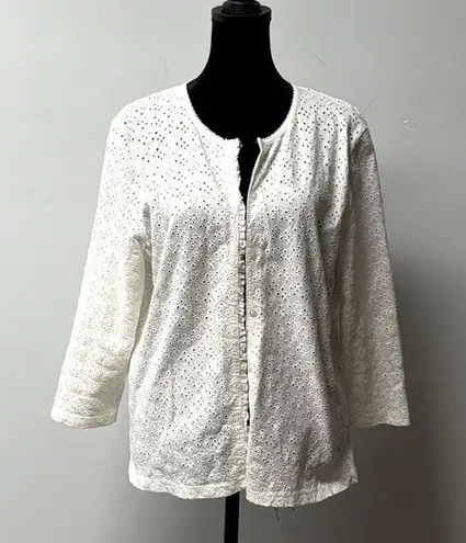 Lauren Ralph Lauren Button Blouse Women 3/4 Sleeve White Eyelet 100% Cotton Med