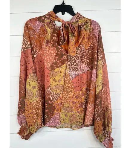 Aura Blouse Womens Size L Patchwork Tie Neck Long Sleeve Bohemian Relaxed Fit