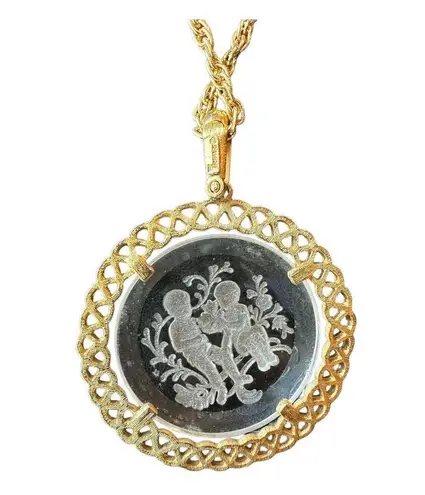 Crown Trifari Gemini Twins Vintage Clear Etched Medallion and Necklace