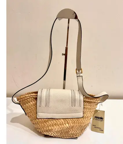 Chloé Chloe Marcie Leather Raffia & Grained Calfskin Basket Bag White Small