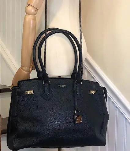 Henri Bendel CARLYLE Caviar Tumbled Black Leather Satchel Tote Crossbody