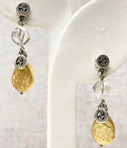Dangle Drop Gold Tone & Silver Tone Hammered Teardrop Faceted Crystal Earrings