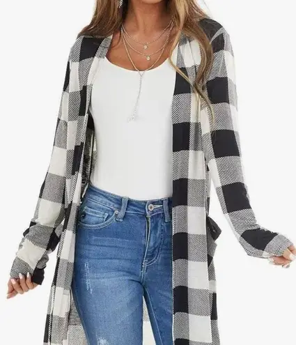 Open Front Long Draped Buffalo Plaid Cardigan Black