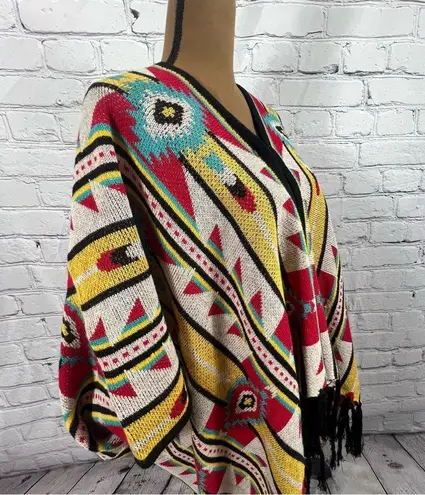 Rock & Roll Cowgirl Multi Color Aztec Print Fringed Poncho/Shrug Size S (B17)