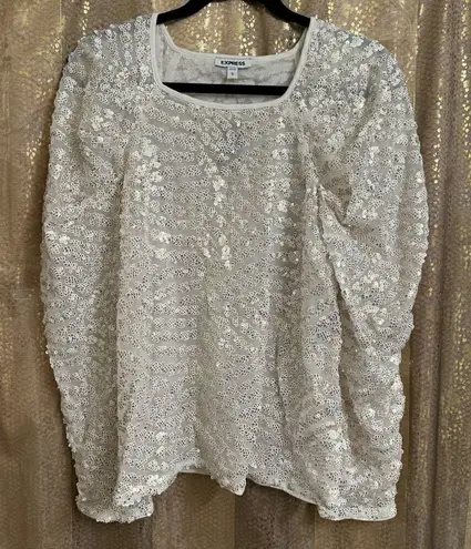 EXPRESS  Ivory Gold Sparkly Sequin Puff Long Sleeve Blouse Large NWT - Image 1