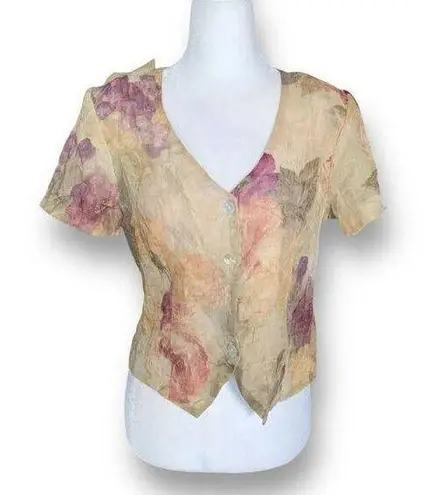 Vintage 90s Blazer Top Sheer Cream Cottage Dark Floral Short Sleeve Crinkle Pink
