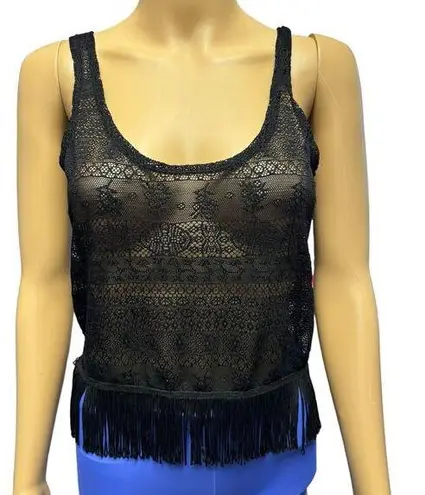 Kirra Black Semi Sheer Lacey Romantic Goth Lacey Fringe Tank Top Size XS
