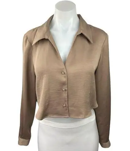 ZARA  Beige Satin Long Cuffed Sleeve Lapel Collar Button Up Cropped Shirt Top S