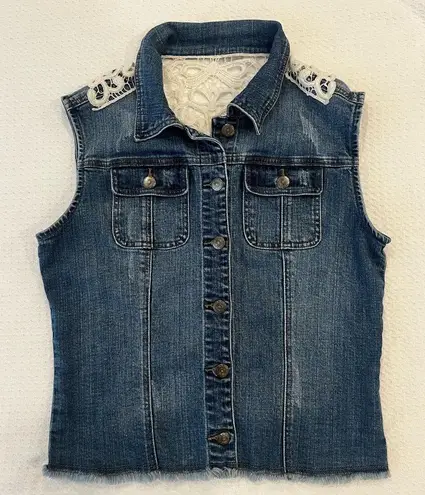 Sleeveless Denim Western Jean Vest with Lace Accents Women’s Size Large Blue