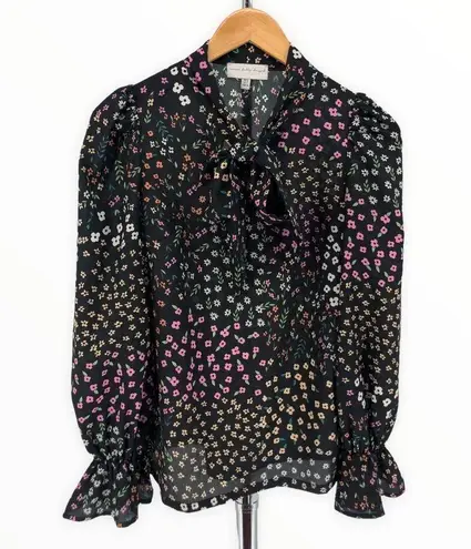 Never Fully Dressed Black Meadow Floral Tie Neck Long Sleeve Cinched Cuff Top 2