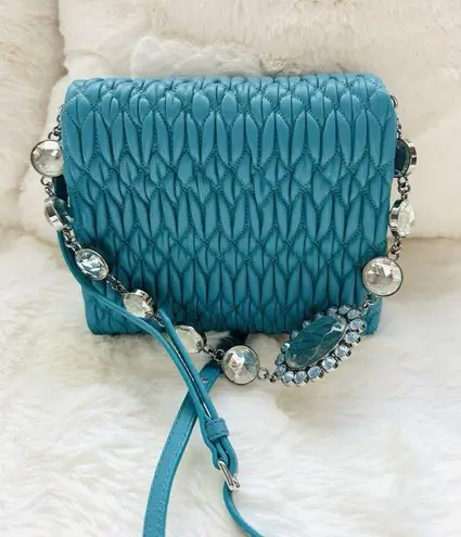 Miu Miu  Nappa Leather Matelassé Crystal Crossbody Bag Handbag Turquoise Auth