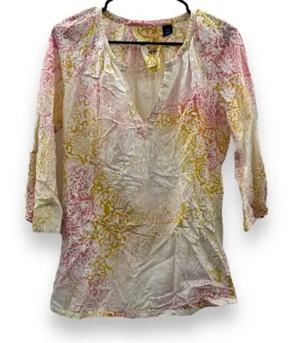 Robert Graham Split Neck Embroidered Textured Print Pink Yellow Ombre Top Size S - Image 1