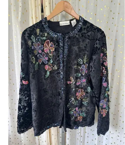 Vintage Draper's & Damon's Floral Velvet Beaded Sequin Open Evening Jacket L Black Size L