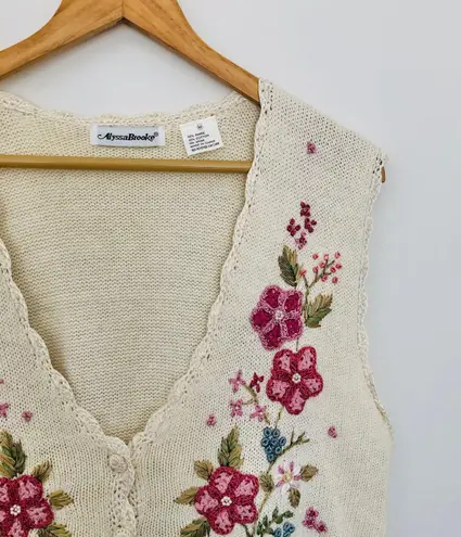 Vintage Floral Sweater Vest Alyssa Brooke Embroidered White Pink Flowers Cotton Size M