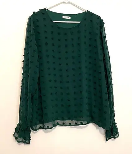 Blooming Jelly Lantern Long Sleeve Round Neck Top Dark Green Swiss Dot Boho Fall