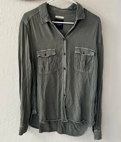 American Eagle  Green Distressed Boyfriend Fit Roll Tab Button Down Shirt L