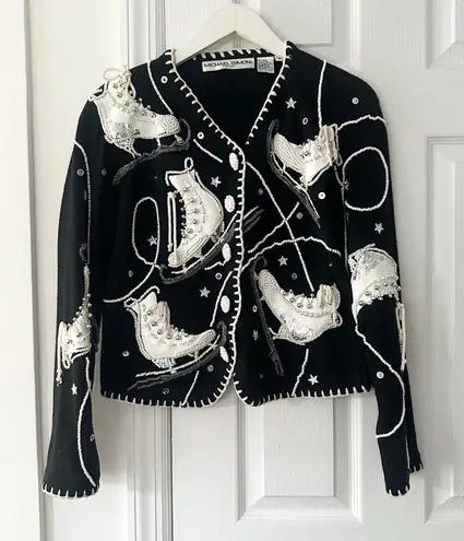 Michael Simon Black Embellished Beaded White Ice Skates Button Cardigan Medium
