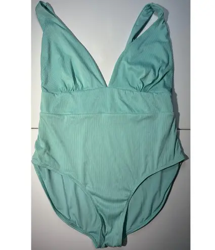 Coastal Waves One Piece Swimsuit Aqua Blue Ribbed Plunge Neck Size 1X Swimwear