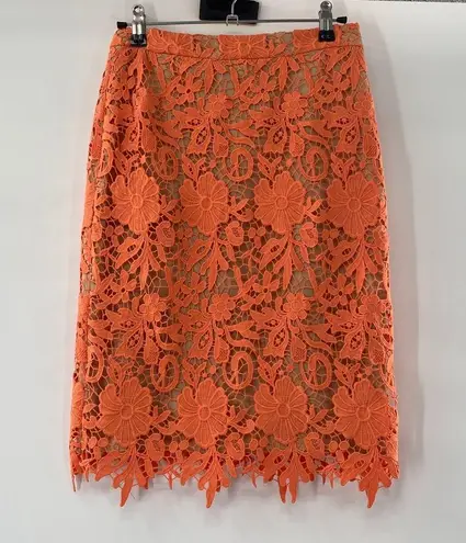 Alice + Olivia  Farrel Midi Pencil Skirt Coral & Nude Floral Lace Size 0 Lined