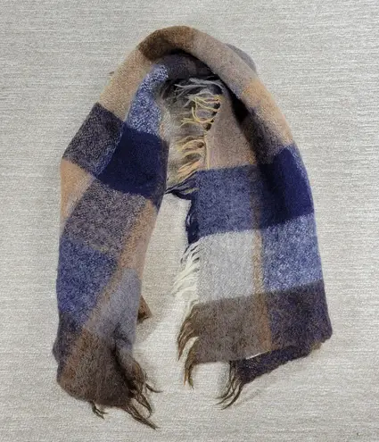 Avoca Hand Weavers Lap Blanket Scarf Shawl Brown Blue Wool Mohair Plaid Fringe Tan