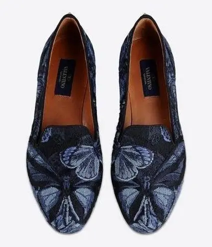 Valentino Garavani Valentino Rockstud Camu butterfly embroidered smoking slippers loafers flats 37