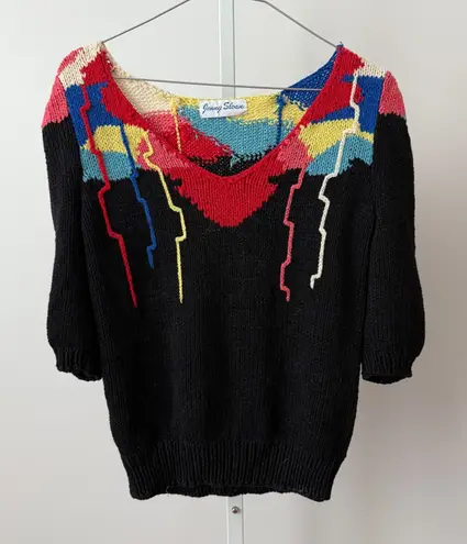 VTG Jenny Sloan Colorful Knit Sweater Retro Puffy Sleeves sz M 80s 90s Black Size M