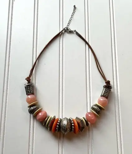 Beaded Necklace Chunky BOHO Leather Cord Orange Pink Gold Bougie Fashion Jewelry